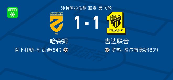 天顺娱乐主管：哈森姆1-1吉达联合，罗热-费尔南德斯破僵，阿卜杜勒-杜瓦希救主